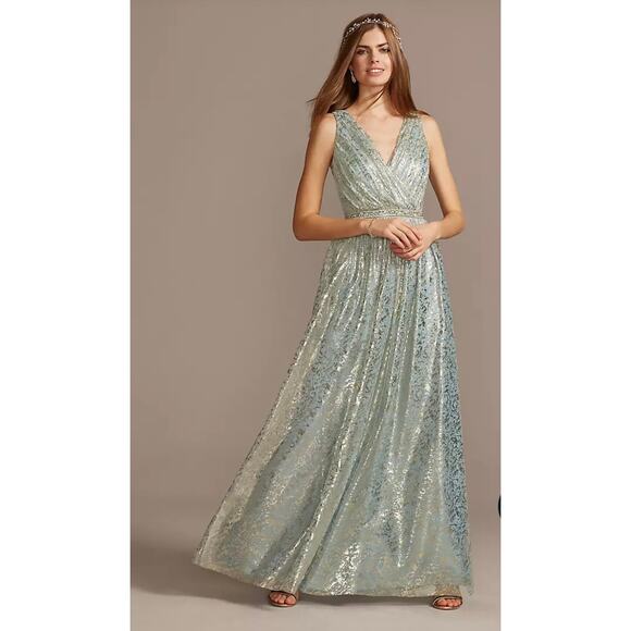 Teeze Me Metallic Foil Pleated V-Neck Gown From David's Bridal Light Blue Sz 5 - Picture 3 of 16